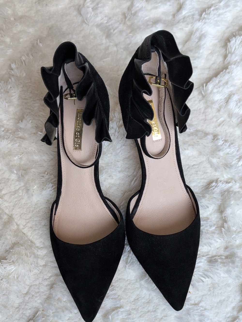 Louise et Cie Black Ruffle Ankle-Strap Pointed Heels